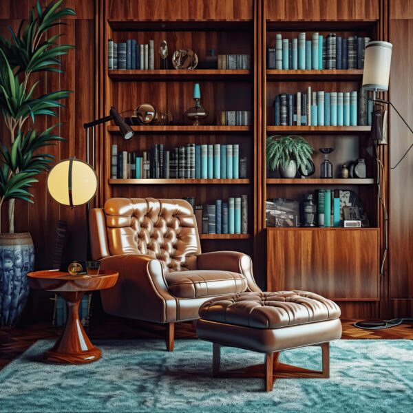 Interior of modern living room with brown armchair and bookshelf.