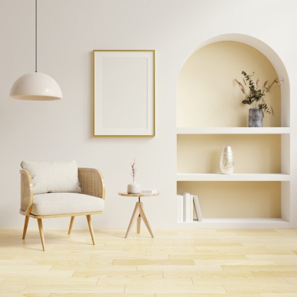 Mockup frames in living room interior with chair and decor,Scandinavian style.3d rendering